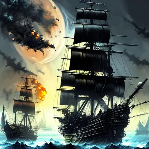 Prompt: Oils paint style Black anime Pirate on a futuristic ship fluting over zombies graphic 