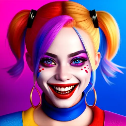 Prompt: hyper detailed, hyper artistic, hyper futuristic, hyper realistic, hyper unique, hyper unseen of too colored laughing Harley Quinn, 4k