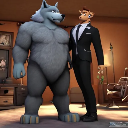 Prompt: Linnux the big buff anthro wolf is wearing black business suit is my older boyfriend on "Rock dog style"
