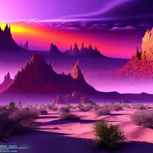Prompt: concept art, hyperrealism, sandstorm filter, "Warlocks and Warriors" Sprague de Camp style, purple desert, jagged purple crag, red sky, sun rays
