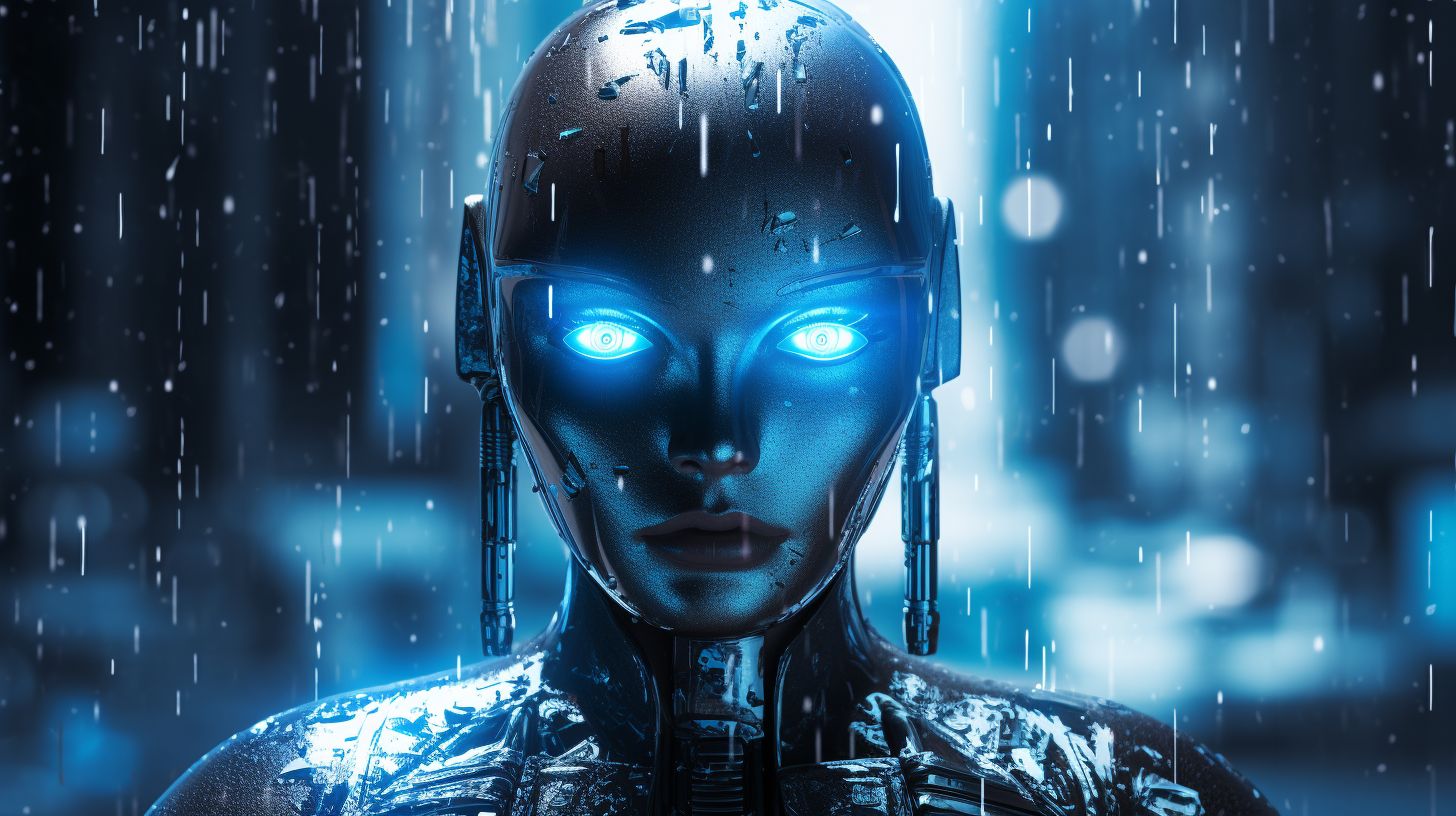 Prompt: A polished, metallic android with a gleaming surface stands illuminated. Its intense blue eyes radiate an otherworldly glow, set against a backdrop of vertical digital rain patterns reminiscent of coded data streams.