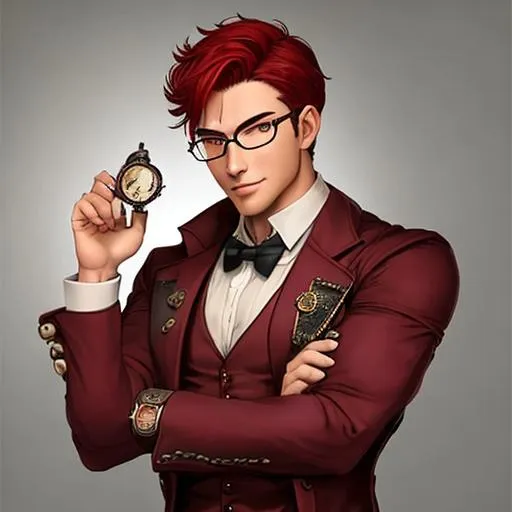 Prompt: A steampunk wizard with cherry red short hair and glasses, a muscular body  fitted into a dressy suit, broad shoulders, and a lascivious smirk.