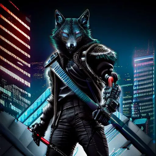 Prompt: cyberpunk hyperrealistic photorealistic humanoid black wolf with red eyes wearing a cyberpunk style fit holding a modern katana on top of a modern building with a modern city background with more blue and green colors