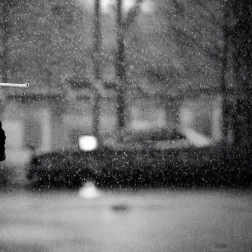 Prompt: A black, grey, and white photo with someone smoking a cigarette in the rain.  A calming / sad feel.