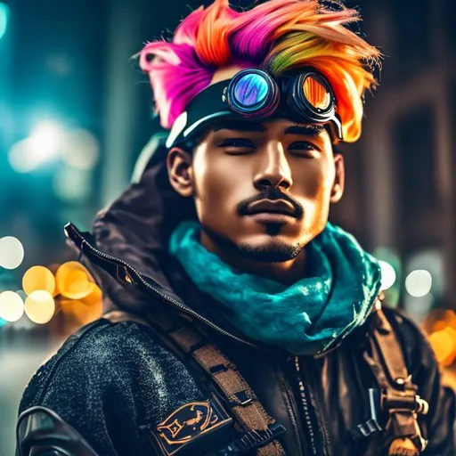 Prompt: a photograph of a man with colored hair and goggles on his face, highly detailed, 8k, perfect body, perfect skin, dark wasteland background