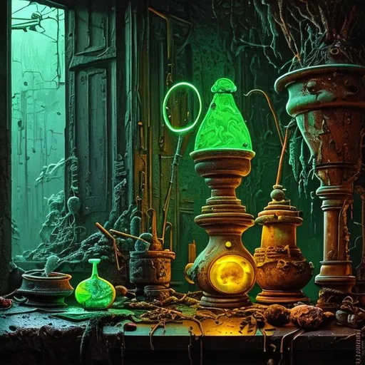 Still life painting, a glass alembic with neon-green... | OpenArt