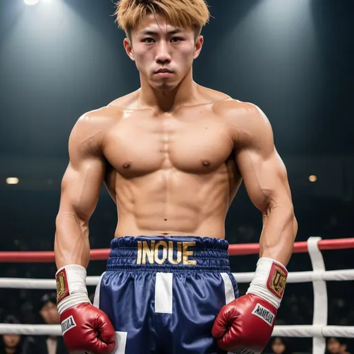 Prompt: Imagine a Japanese sportsmen resembling Naoya Inoue with golden and brownish hair, with an incredibly muscular physique. He's wearing American football gear in a boxing ring.