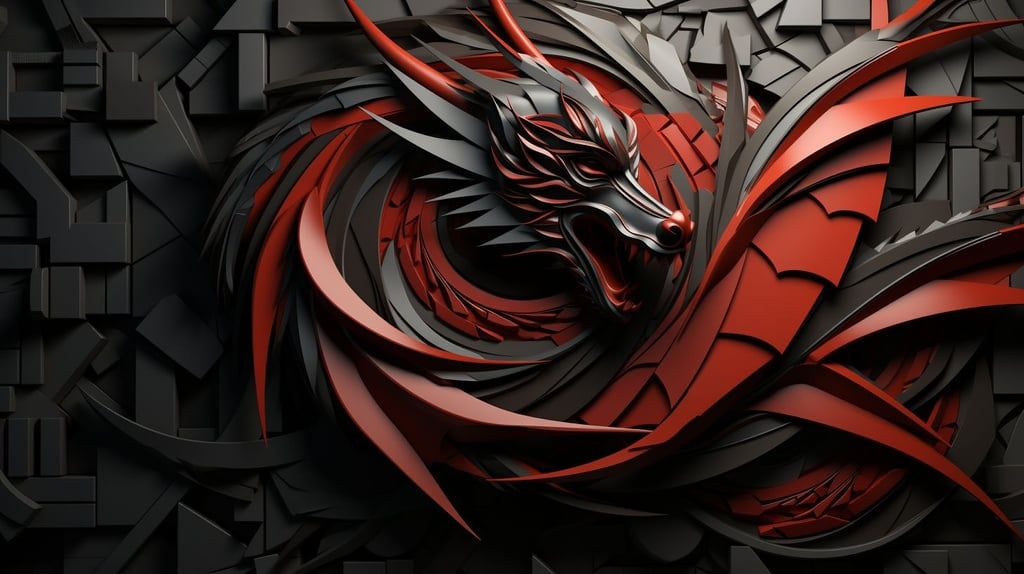 Prompt: vector red and black flying blocks transform into a dragon