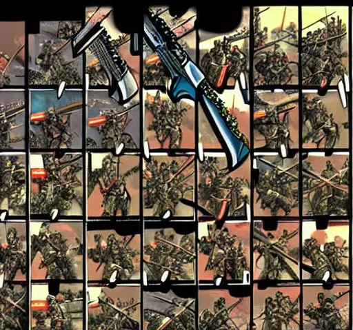 Prompt: Comic strip  Jesus Christ army very detailed new age painting style futuristic samurai saints with guns and swords battle against evil cyberpunk chainsaw arms and chain electric whips  ninjas with electric swords highly detailed battle scene unreal engine 5 style 