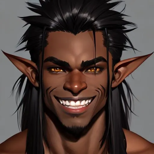 Prompt: a portrait of a handsome male goblin, long tangled black hair. dark brown and black skin tone, chaotic, exaggerated grin showing human teeth, wide face, slight and wiry, digital art, popular on Artstation