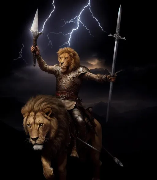 Prompt: sword in hand,8k,high Quality,one hand on his waist,riding a lion,lightning,on the mountain
