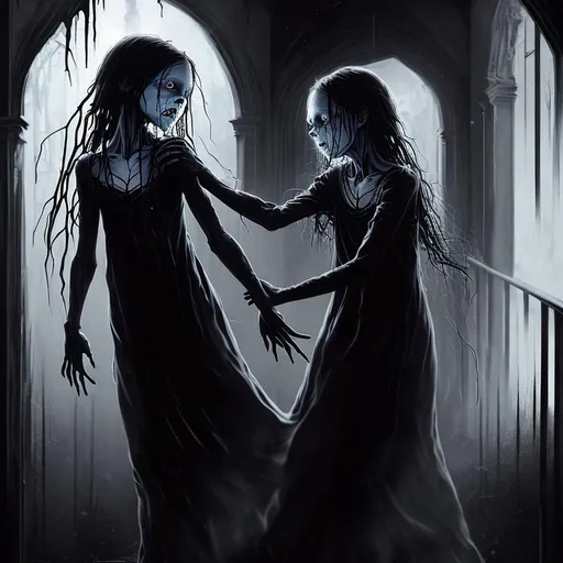Prompt: concept art of one dark and steamy entity (((strangling the neck of one young girl))) in a corridor, the girl is highly realisting and wears a white nightdress and her face expresses fear and suffering, the dark steamy entity is threatening, dark, gothic, perfect lightning, accurate anatomy, very fine details, intricate scene, symmetrical facial features, gloomy, highly realistic, trending on Artstation and Unreal Engine, 4K