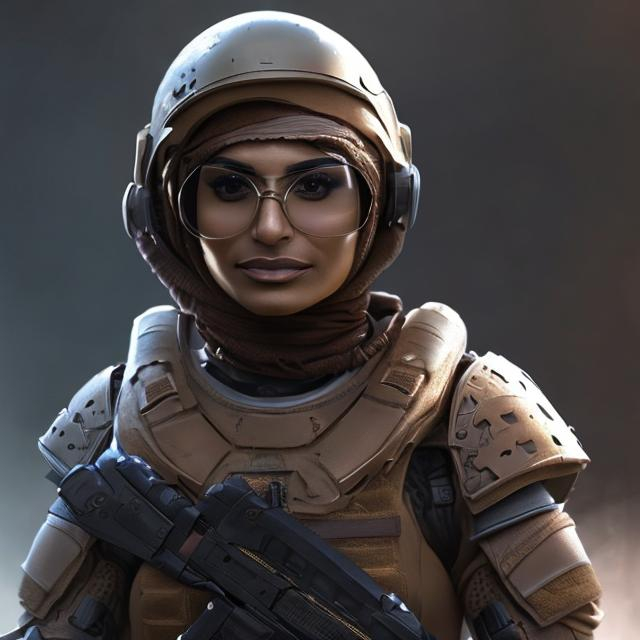 mia khalifa, warrior soldier, scifi, tan armor, brow... | OpenArt