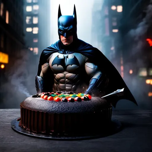 Prompt: batman, cake, sharpness, smoke, mystery, gothic, epic, hyperrealism, 3D detailed, incrustation, contrast forms and lines, contrast space and light, dof, multi-morph