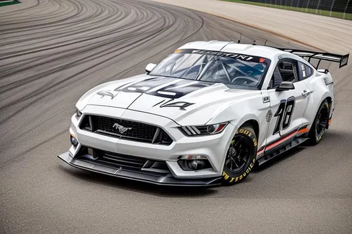 Prompt: Next Gen Nascar stock Ford Mustang car, sponsored by OpenArt, white and dark grey color scheme