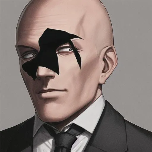 Prompt: Bald hitman, face in shadow, black suit