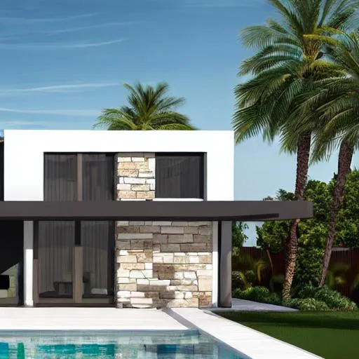 Prompt: modern house, editorial style photo, front view, contemporary, The pool area, Stone, Glass, Wood, Luxurious Finish, Neutral, Hotel Brand, Natural Light with Warm Tones, Seaside Resort, Beachfront, Sunset, Relaxing, Modernism, Minimalist –ar 16:9, detailed digital illustration, procreate, hyper realistic, highly detailed, Dubai inspired, 16k