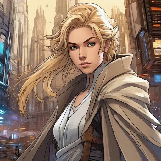Prompt: A 25 years old jedi knight. Blonde hairs. In background a scifi city. Anime. Star wars art. Star wars. 2d. 2d art. Well draw face. Detailed. Dynamic pose. 