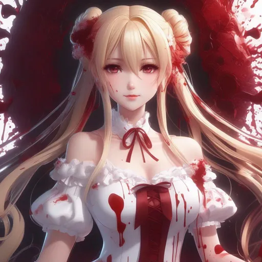 Prompt: 3d anime woman cute innocent smiling covered in blood blonde pigtails hair and white dress covered in blood and beautiful pretty art 4k full HD