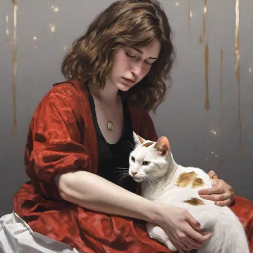 Prompt: a realistic photo of a crying 25 years old woman human with shoulder-length brown hair,  forward with her legs dangling over the edge of the stage which is lit in red and gold, she is staring sadly into her lap while a cat approaches her from her left and the cat touches her arm with his paw. The cat's colors are black and white with cow pattern but it is translucent like a ghost. the women is dressing a jean and a purple sweater. high resolution. 4k. realistic. 
