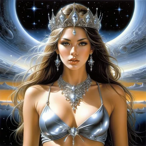 Prompt: Hajime Sorayama, Luis Royo.
Surrealism Mysterious strange fantasy. A beautiful girl with long brown hair, an intricate diamond necklace and tiara, and a perfectly voluminous body. In the background: a cosmic landscape with stars and galaxies. great detail, dramatic lighting, ultra-detailed realism, full body art, high quality.