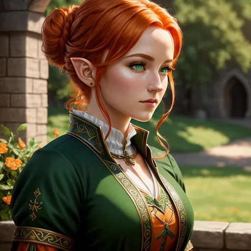 Prompt: oil painting, fantasy,  UHD, hd , 8k, , hyper realism, Very detailed, zoomed out view of character, panned out view, full character visible,  elf female artist, she has curly orange hair in a bun, she has green eyes, she is wearing medieval attire