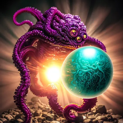 Prompt: lovecraftian creature breaking free from within a very bright ball of light kind of egg, glowing magenta