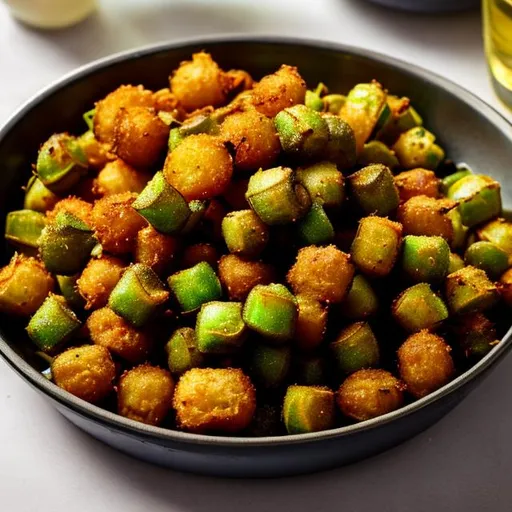 Prompt: Fried okra in a dish