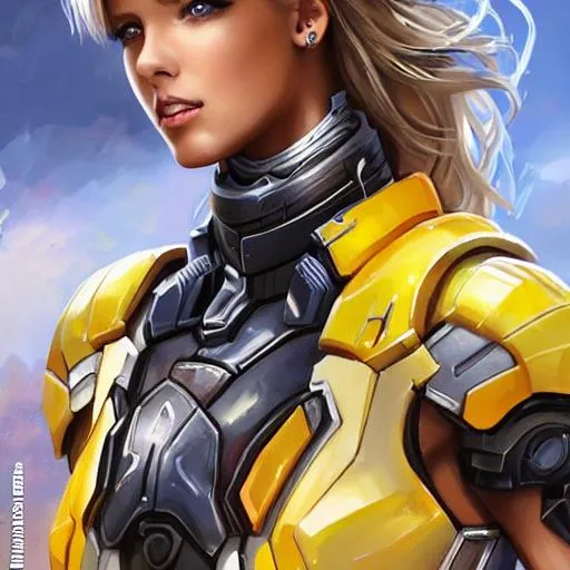 Prompt: Cute girl, 16 years old, sleeveless, blonde hair, tan body, battlefield, ethereal, yellow mech suit, stunning, royal vibe, highly detailed, digital painting, HD quality, tan skin,artgerm