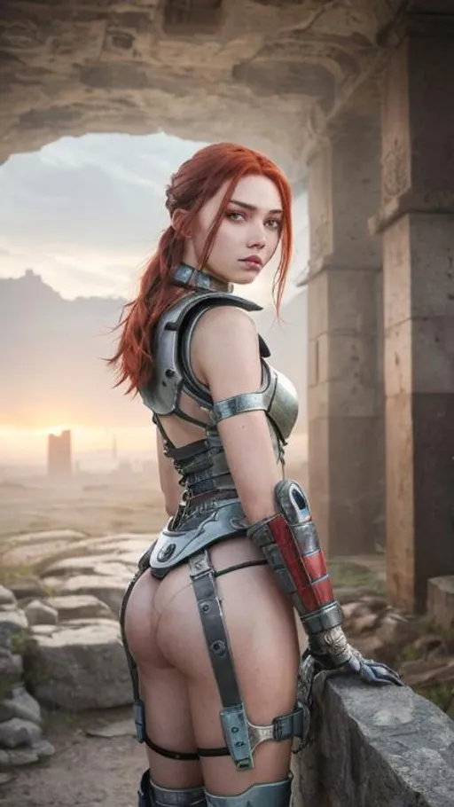 Prompt: Realistic random style ancient dystopian landscape, heavy mist, sunrise, 

physically attractive super detailed battle damaged cyborg, left forearm decapitated, missing left eyeball, exquisitely exotic, slender, ultra realistic, young adult woman,

wearing a heavy titanium collar, radiant red hair, exposed titanium exoskeleton, random hair style,

perfect contouring, hyper detailed, intricate detail, finite detail, natural lighting and shadows, fantastical, fantasy concept art, 64k resolution, deviantart masterpiece. UHD, Perfect 3D Render.
