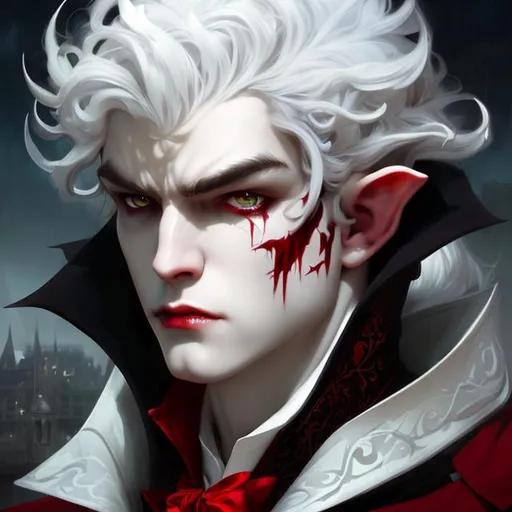 Prompt: Splash art portrait of male vampire, androgynous, handsome, white haired man, with short wavy white hair, {WHITE eyebrows}, red eyes, elf ears, victorian dark clothes, elegant, highly detailed, intricate, smooth, sharp focus, artstation, digital painting, concept art, art by greg rutkowski, alphonse mucha and John William Waterhouse