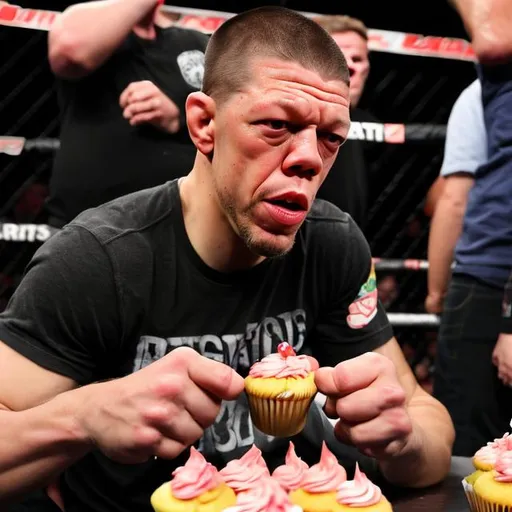 Prompt: Nate Diaz eating cupcakes watching himself get knocked out