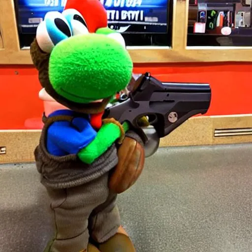 Prompt: Yoshi with a gun at Little Ceasers 