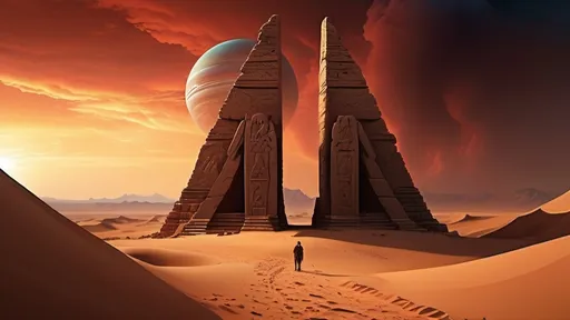 Prompt: ancient ruins in foreground, darkest night, nightmare, carved alien symbols on stone pylons, alien squat stone bunkers with sloping walls, futuristic babylonian architecture, megalithic architecture, no trees, no bushes, no grass, no leafy vegetation, rocky desert alien planet setting, rocky mountainous region, in the style of frank herbert's dune, night sky with giant blue-green planet hidden by red clouds, dust haze, highly detailed, photo-realistic, hyper-real