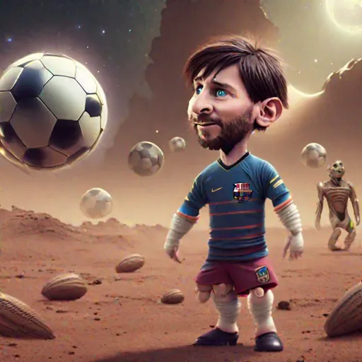 Prompt: Léo Messi qui joue aux football sur la planète Jupiter contre des aliens
