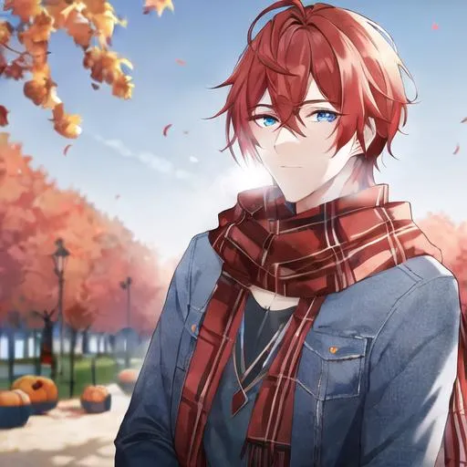 Prompt: Zerif 1male (Red side-swept hair covering his right eye, blue eyes), highly detailed face, wearing a cozy flannel shirt and a pair of stylish jeans. In the park, fall.  wearing a scarf, looking up at the sky, in a pumpkin patch, adult. Handsome,  detailed, UHD, HD, 4K, highly detailed, red haze, masculine, anime style