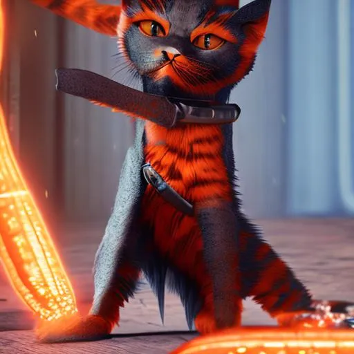 Prompt: Orange cat in ninja outfit wielding a katana blade, photorealistic, unreal engine 5, RTX, ray tracing, fine detail fur, glowing cobalt blue eyes 