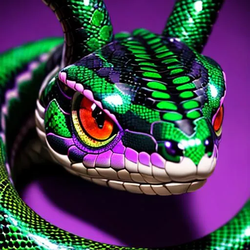 Prompt: a face shot of a twelve-foot snake with black and green markings and red eyes purple aura and a dragon-like face, very glossy and shiny, reflective, perfect composition, hyperrealistic, super detailed, 8k, high quality, trending art, trending on artstation, sharp focus, studio photo, intricate details, highly detailed, Trending on Artstation, Cozy wallpaper, Pastel colors, soft lighting