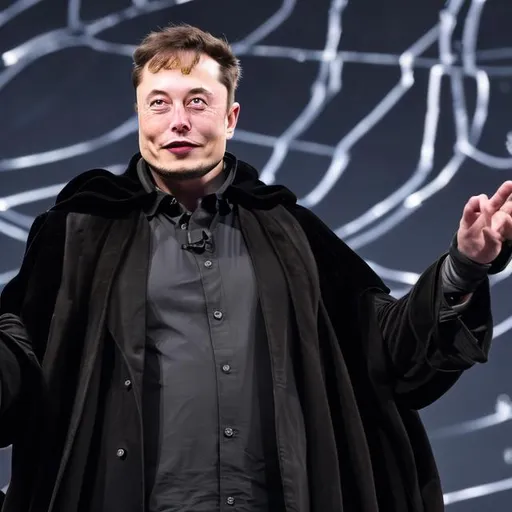 Prompt: Elon Musk is the Master of Masters from Kingdom Hearts wearing a long black coat with a black hood and long thin metal chains 