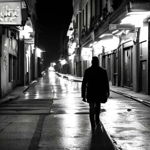Prompt: walking in dark street. alone one man in midnight. 