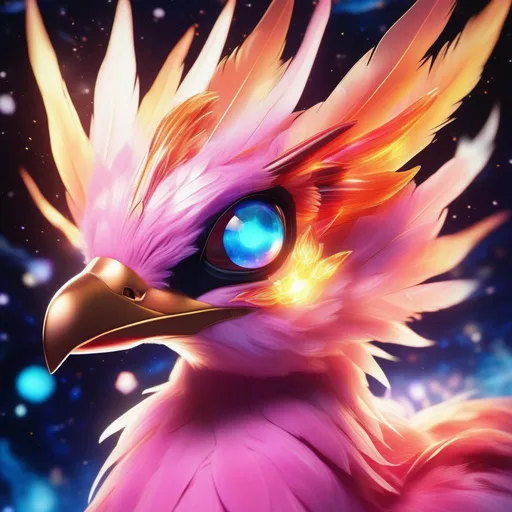 Prompt: headshot of a elegant glass Pokemon that is glowing, flaming feathers, flaming glowing eyes, translucent, luminescent, illusion, pink colors, among a nebula of clouds, beneath the stars,  bioluminescent, highres, best quality, concept art, digital art, 8k, highly detailed, vibrant, professional, UHD