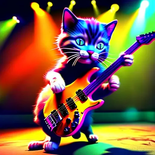 Prompt: cat playing the electric guitar, HD, high resolution, 4k, 3d, third person, make cat dance on its hind legs, 
