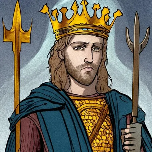 Prompt: king arthur standing with a crown on his head in color
