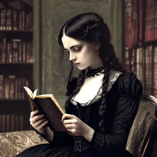 Prompt: A young, beautiful Victorian gothic woman in black reading a novel