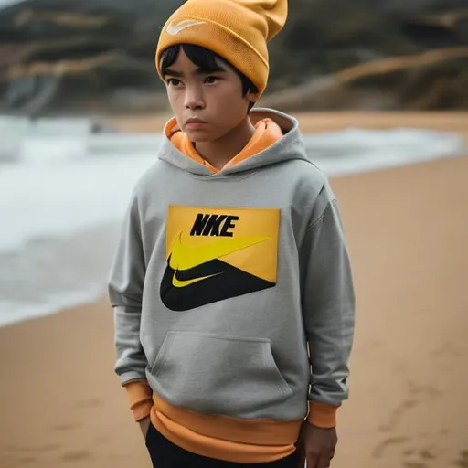 Prompt: a boy wearing a yellow nike beanie with a peach hoodie cut eyebrows black carbo pants by the beach