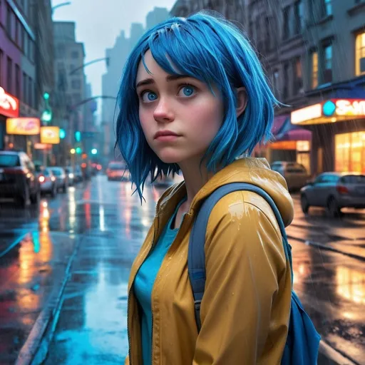 Prompt: a 20 year old (realistic adult human form of Joy from Disney's Inside Out), bright blue hair, big blue eyes, walking, gazing around her, rainy street, (emotionally challenging atmosphere), arms crossed under her chest, looking worried, gloomy and subdued color tones, reflections on wet pavement, light rain drizzling, warm light contrast, depth in facial features, capturing her essence of loneliness, high detail, serene yet tense vibe, high-quality image.