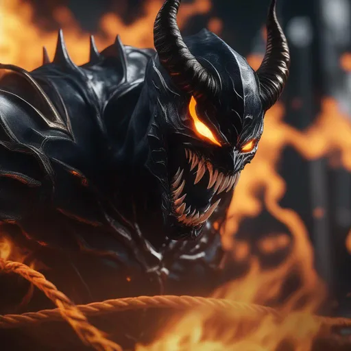 Prompt: a death knight with a Venom mouth (Venom movie), with horns forward on his forehead, orange fire eyes, Hyperrealistic, sharp focus, Professional, UHD, HDR, 8K, Render, electronic, dramatic, vivid, pressure, stress, nervous vibe, loud, tension, traumatic, dark, cataclysmic, violent, fighting, Epic