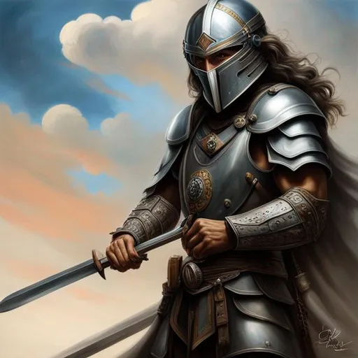 Prompt: epic oil painting, Wide angle, The whole body showing, highly detailed, masterpiece. Anatomically correct hands. Native American, brown skin, very curly hair {grey hair}, Japanese armor, helmet with a narrow t-shaped visor. sword, ((holding sword)), night lights, 