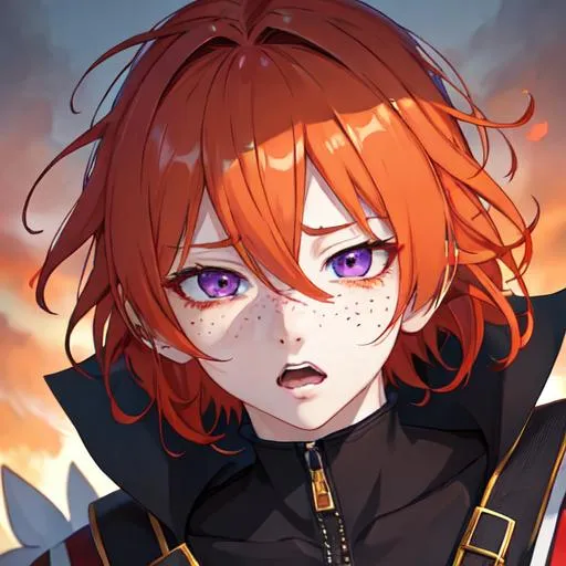 Prompt: Erikku male adult (short ginger hair, freckles, right eye blue left eye purple) UHD, 8K, Highly detailed, insane detail, best quality, high quality,  anime style, in purgatory, yelling, crying out for help