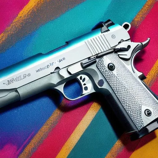 Prompt: white m1911 pistol with colorful background